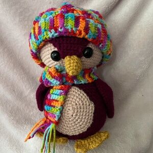 Crochet Pink Penguin with Removable hat and scarf